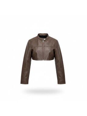 Dazy Womens Brown Faux Leather Cropped Moto Jacket Size Size L